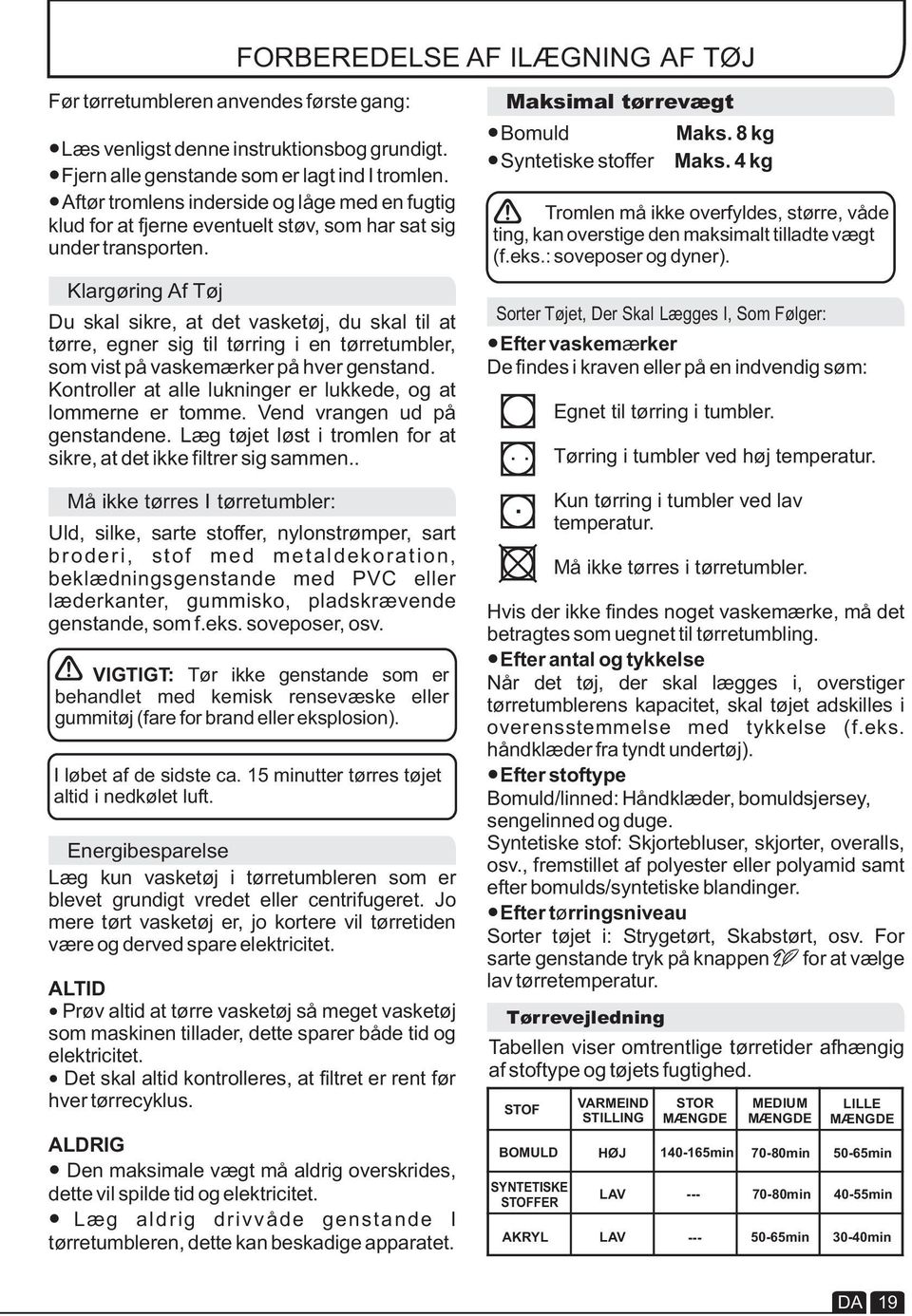 Klargøring Af Tøj Du skal sikre, at det vasketøj, du skal til at tørre, egner sig til tørring i en tørretumbler, som vist på vaskemærker på hver genstand.