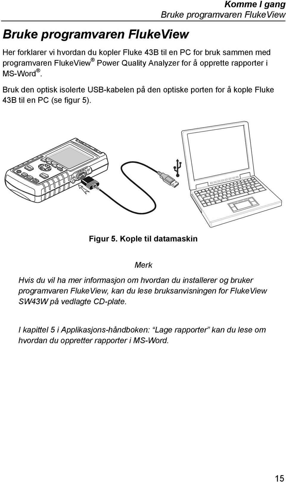 Bruk den optisk isolerte USB-kabelen på den optiske porten for å kople Fluke 43B til en PC (se figur 5). Figur 5.