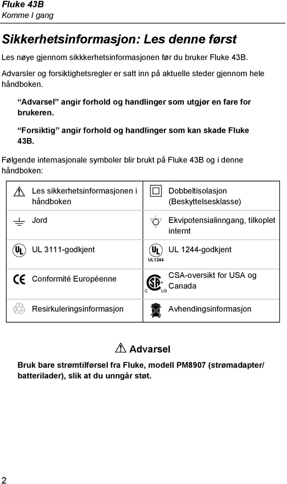 Forsiktig angir forhold og handlinger som kan skade Fluke 43B.