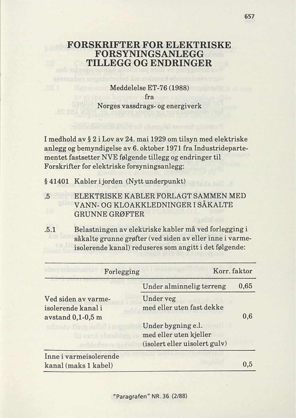 oktober 1971 fra Industrideparte mentet fastsetter NVE følgende tillegg og endringer til Forskrifter for elektriske forsyningsanlegg: 41401 Kabler i jorden (Nytt underpunkt).