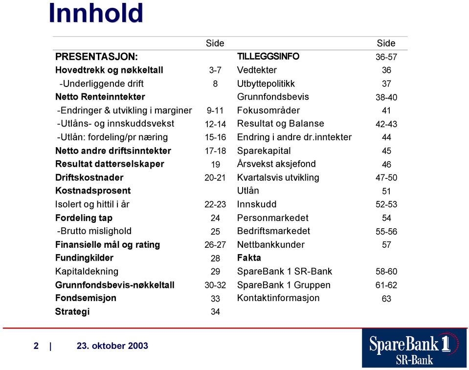 inntekter 44 Netto andre driftsinntekter 17-18 Sparekapital 45 Resultat datterselskaper 19 Årsvekst aksjefond 46 Driftskostnader 20-21 Kvartalsvis utvikling 47-50 Kostnadsprosent Utlån 51 Isolert og