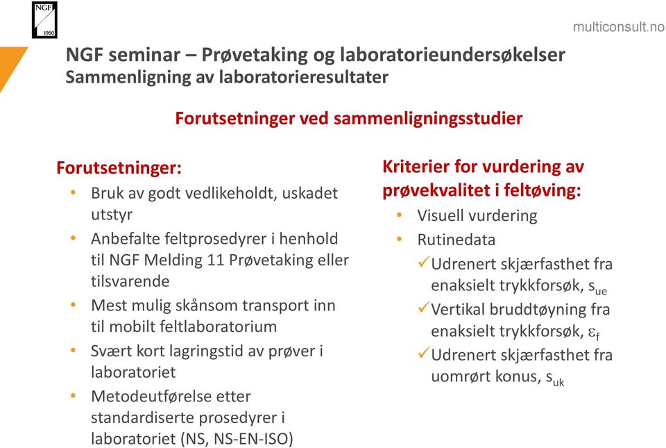 Metodeutførelse etter standardiserte prosedyrer i laboratoriet (NS, NS-EN-ISO) Kriterier for vurdering av prøvekvalitet i feltøving: Visuell vurdering