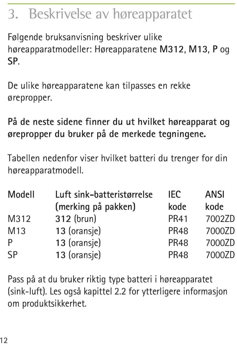 Tabellen nedenfor viser hvilket batteri du trenger for din høreapparatmodell.