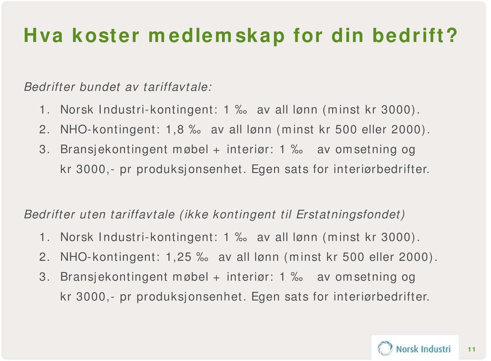 Egen sats for interiørbedrifter. Bedrifter uten tariffavtale (ikke kontingent til Erstatningsfondet) 1.