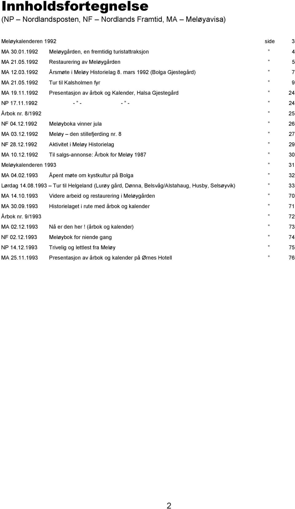 1992 Presentasjon av årbok og Kalender, Halsa Gjestegård 24 NP 17.11.1992 - - - - 24 Årbok nr. 8/1992 25 NF 04.12.1992 Meløyboka vinner jula 26 MA 03.12.1992 Meløy den stillefjerding nr. 8 27 NF 28.