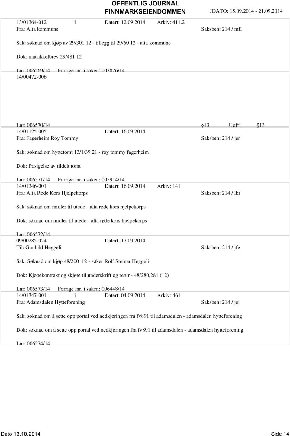 2014 Fra: Fagerheim Roy Tommy Sak: søknad om hyttetomt 13/1/39 21 - roy tommy fagerheim Dok: frasigelse av tildelt tomt Lnr: 006571/14 Forrige lnr. i saken: 005914/14 14/01346-001 Datert: 16.09.