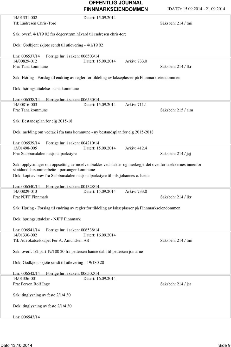 0 Fra: Tana kommune Saksbeh: 214 / lkr Sak: Høring - Forslag til endring av regler for tildeling av lakseplasser på Finnmarkseiendommen Dok: høringsuttalelse - tana kommune Lnr: 006538/14 Forrige lnr.