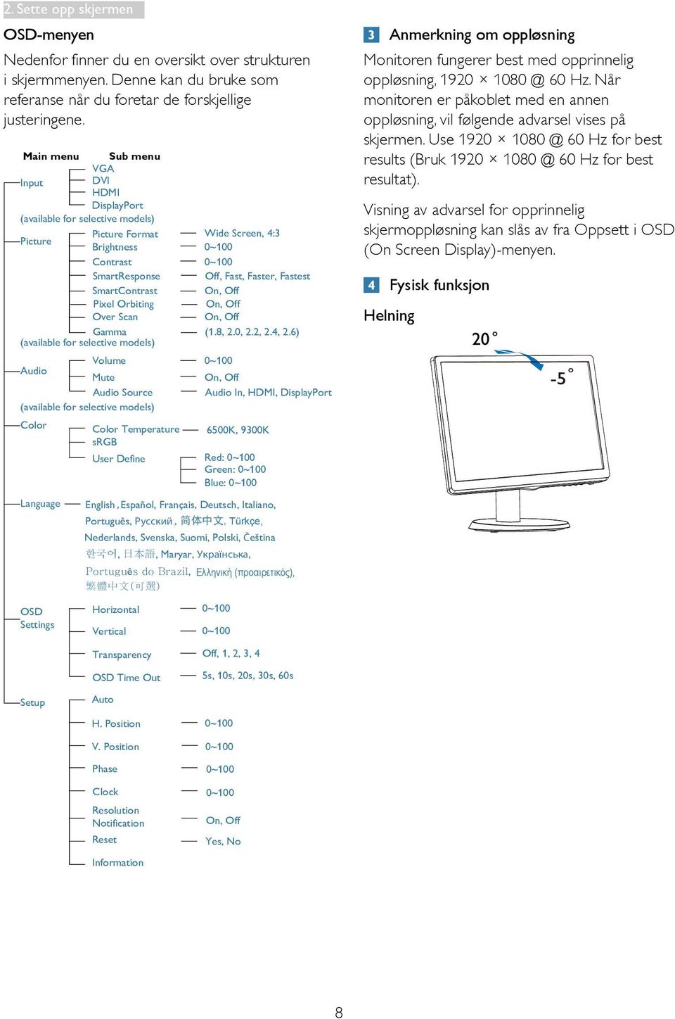 selective models) Volume Audio Mute Audio Source (available for selective models) Color Language OSD Settings Color Temperature srgb User Define Horizontal Vertical Wide Screen, 4:3 0~100 0~100 Off,