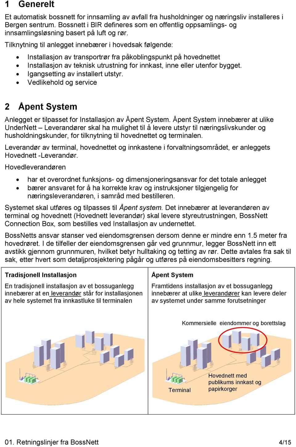 Tilknytning til anlegget innebærer i hovedsak følgende: Installasjon av transportrør fra påkoblingspunkt på hovednettet Installasjon av teknisk utrustning for innkast, inne eller utenfor bygget.