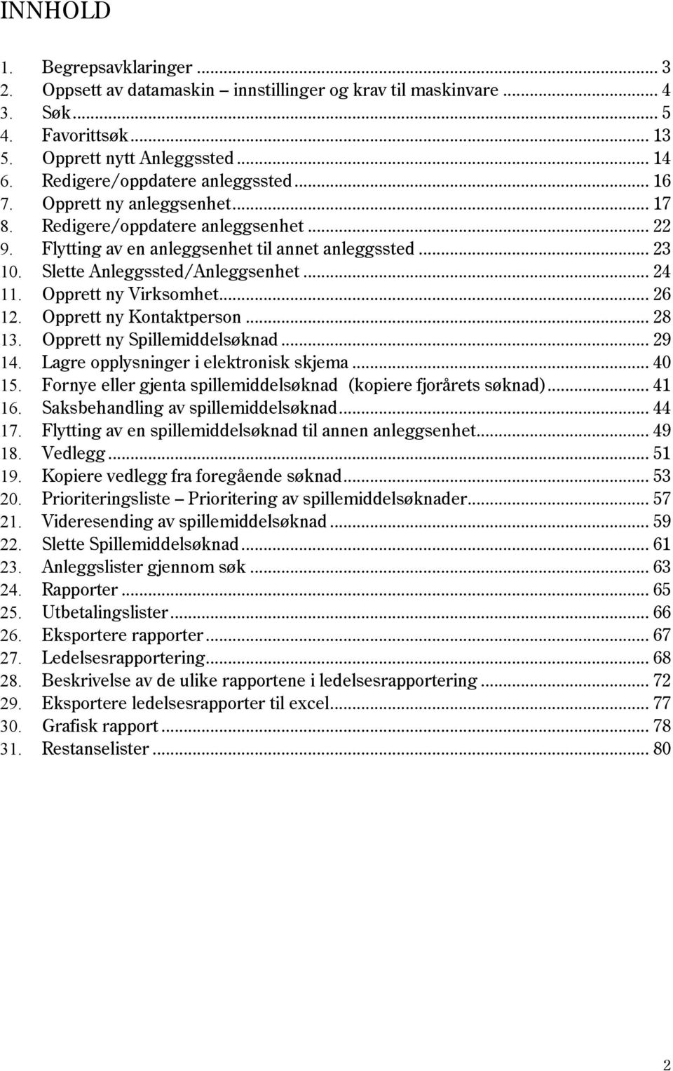 Slette Anleggssted/Anleggsenhet... 24 11. Opprett ny Virksomhet... 26 12. Opprett ny Kontaktperson... 28 13. Opprett ny Spillemiddelsøknad... 29 14. Lagre opplysninger i elektronisk skjema... 40 15.