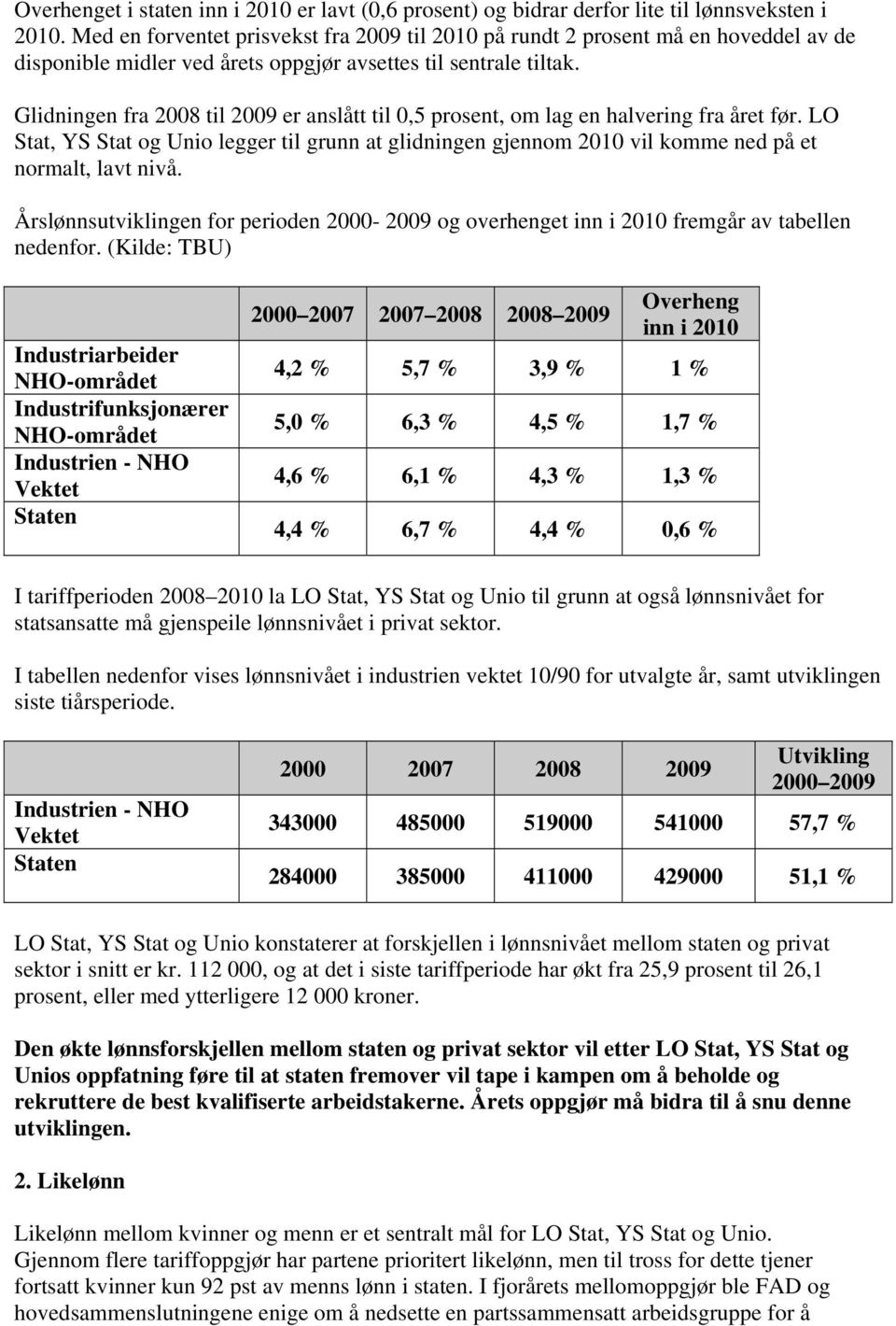 Glidningen fra 2008 til 2009 er anslått til 0,5 prosent, om lag en halvering fra året før. LO Stat, YS Stat og Unio legger til grunn at glidningen gjennom 2010 vil komme ned på et normalt, lavt nivå.