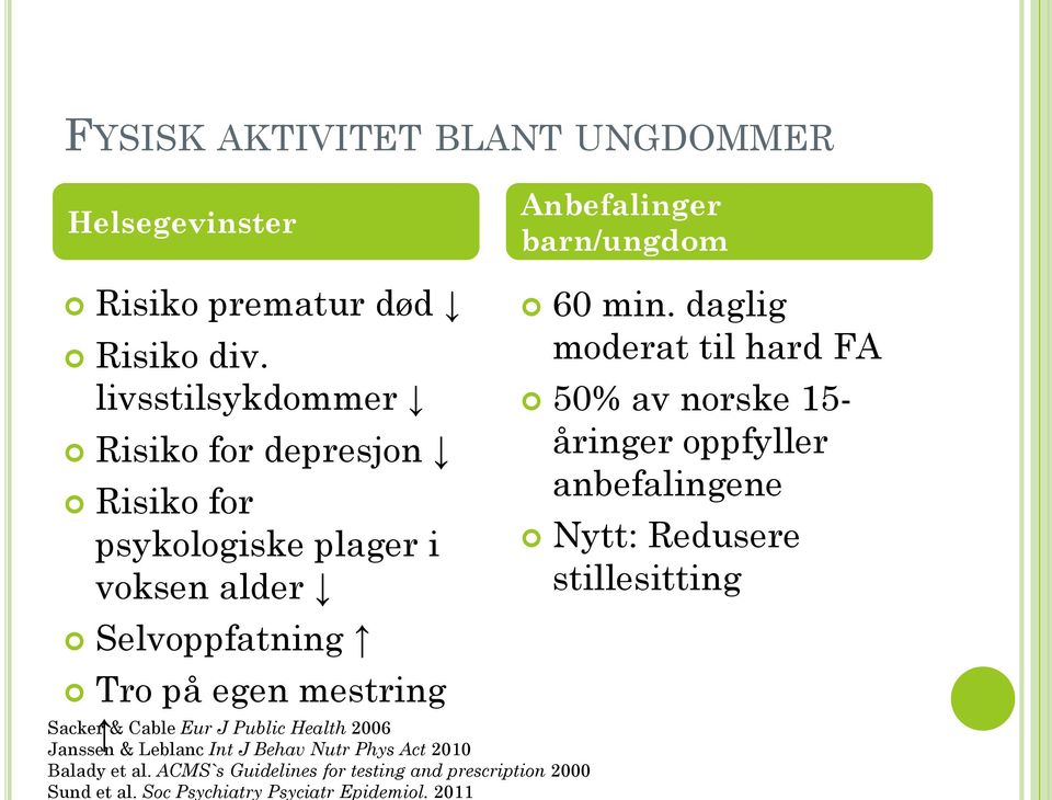 Eur J Public Health 2006 Janssen & Leblanc Int J Behav Nutr Phys Act 2010 Balady et al.