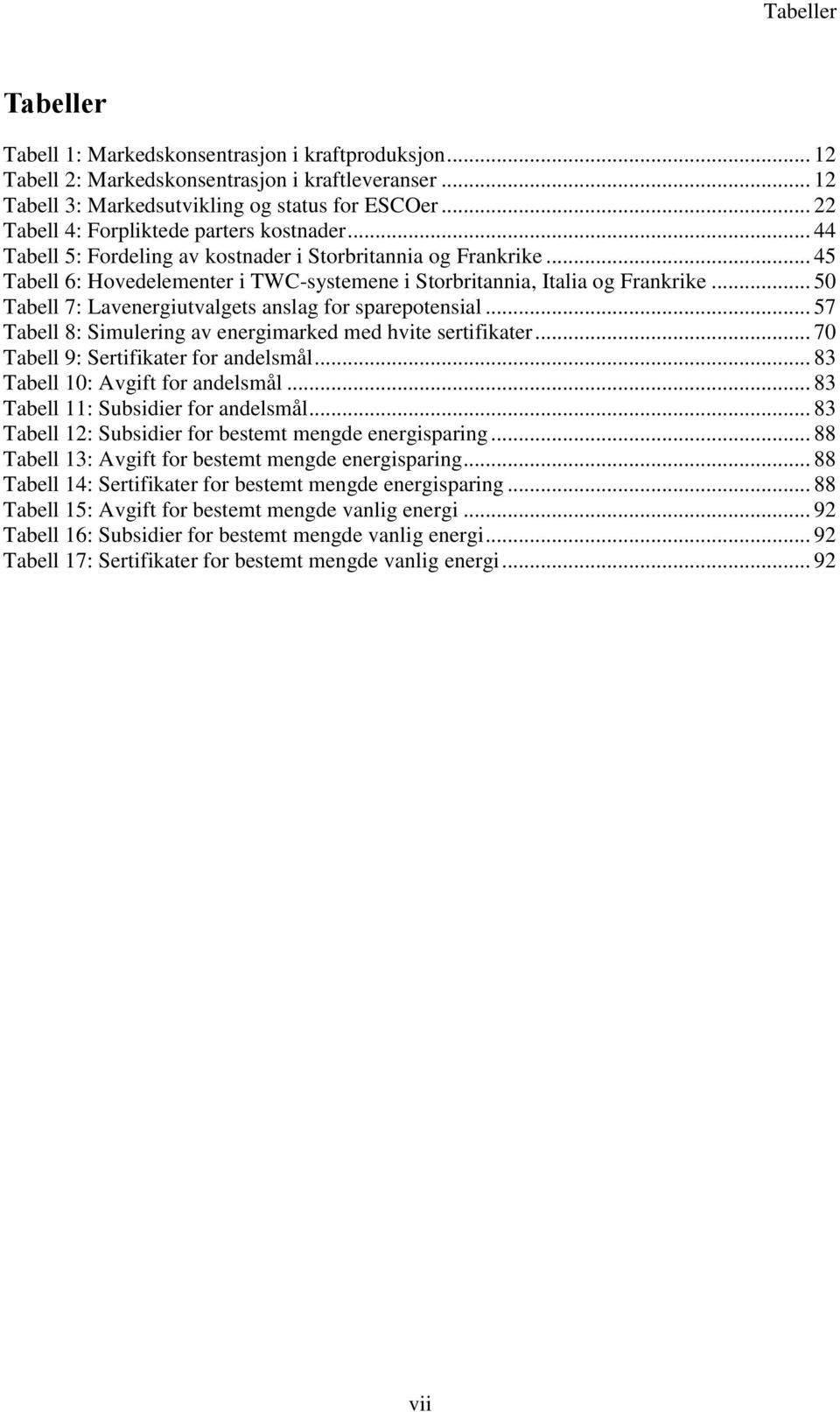 .. 50 Tabell 7: Lavenergiutvalgets anslag for sparepotensial... 57 Tabell 8: Simulering av energimarked med hvite sertifikater... 70 Tabell 9: Sertifikater for andelsmål.