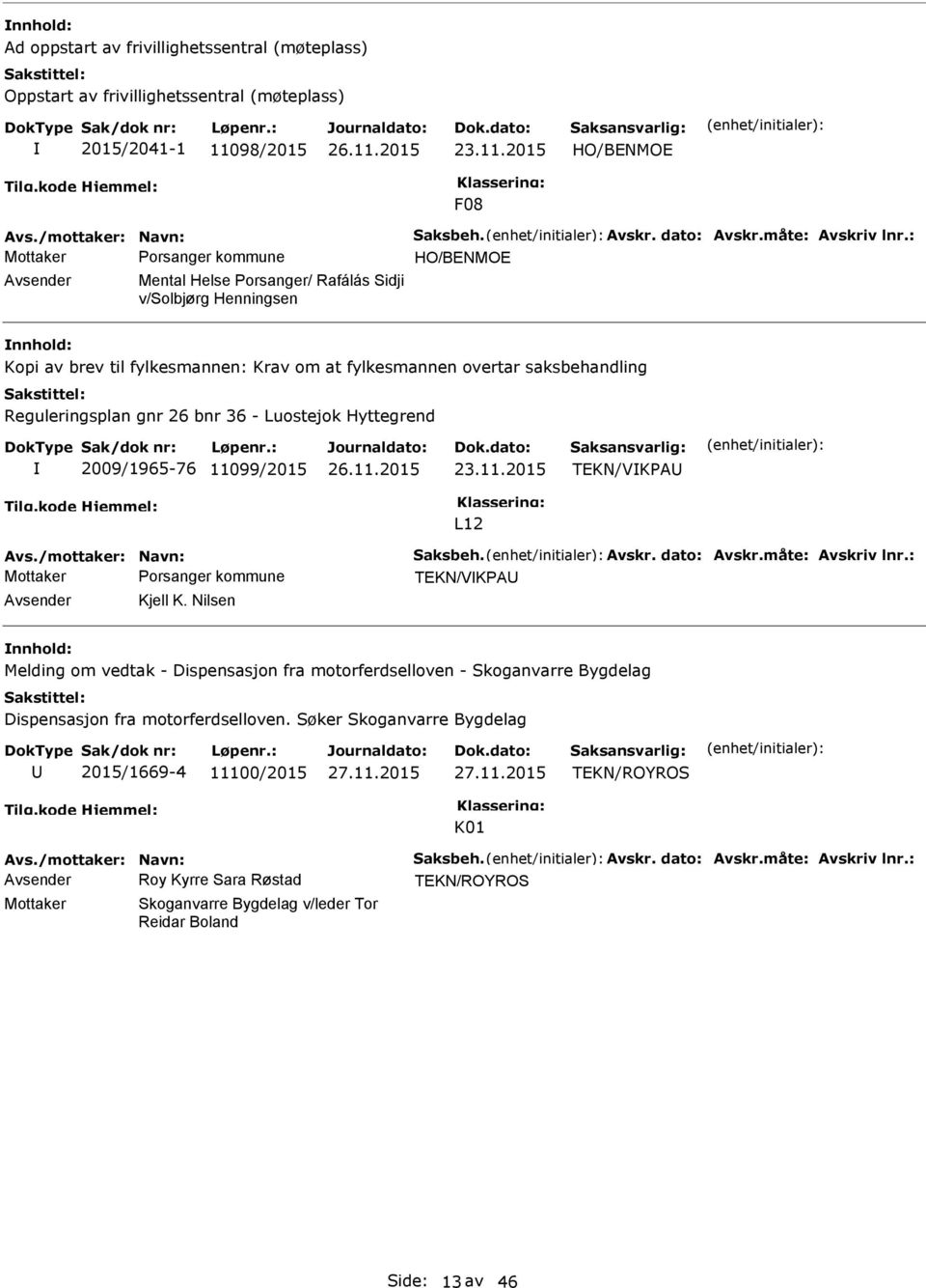 : HO/BENMOE Avsender Mental Helse Porsanger/ Rafálás Sidji v/solbjørg Henningsen Kopi av brev til fylkesmannen: Krav om at fylkesmannen overtar saksbehandling Reguleringsplan gnr 26 bnr 36 -