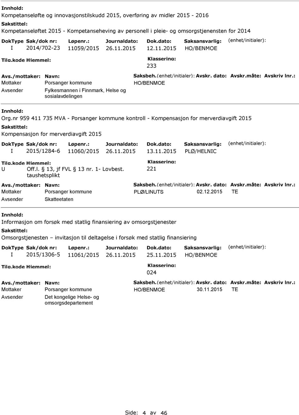 nr 959 411 735 MVA - Porsanger kommune kontroll - Kompensasjon for merverdiavgift 2015 Kompensasjon for merverdiavgift 2015 2015/1284-6 11060/2015 13.11.2015 PLØ/HELNC 221 Avs.