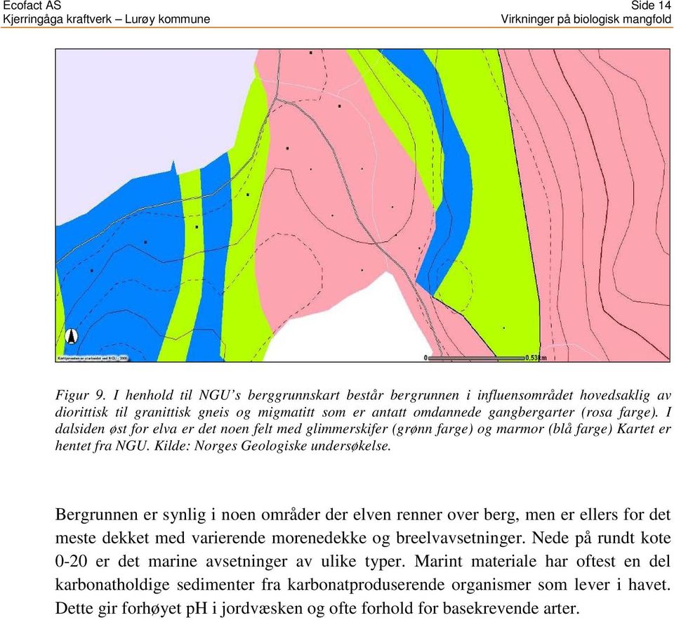 I dalsiden øst for elva er det noen felt med glimmerskifer (grønn farge) og marmor (blå farge) Kartet er hentet fra NGU. Kilde: Norges Geologiske undersøkelse.