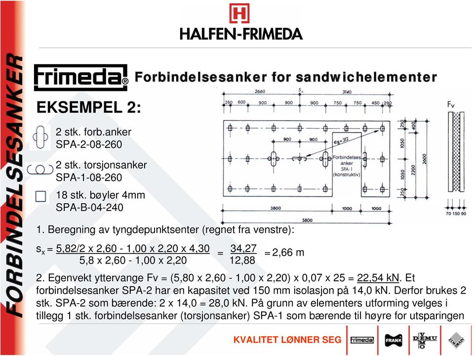 Egenvekt yttervange Fv = (5,80 x 2,60-1,00 x 2,20) x 0,07 x 25 = 22,54 kn.