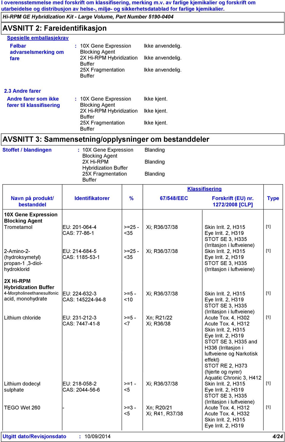 3 Andre farer Andre farer som ikke fører til klassifisering Stoffet / blandingen Hybridization AVSNITT 3 Sammensetning/opplysninger om bestanddeler Navn på produkt/ bestanddel Identifikatorer