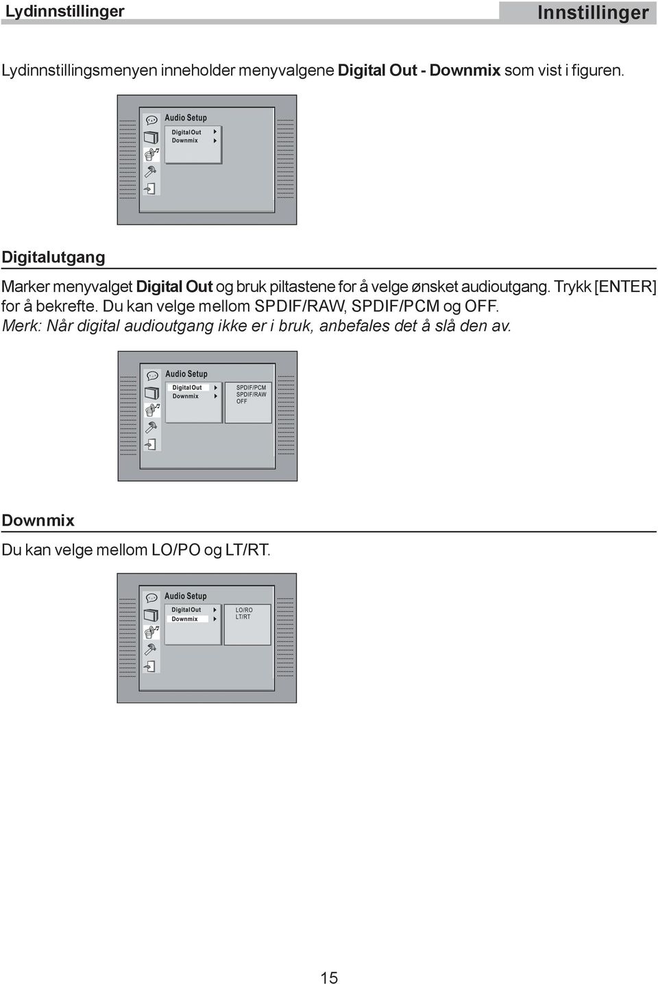 Digitalutgang Marker menyvalget Digital Out og bruk piltastene for å velge ønsket audioutgang.