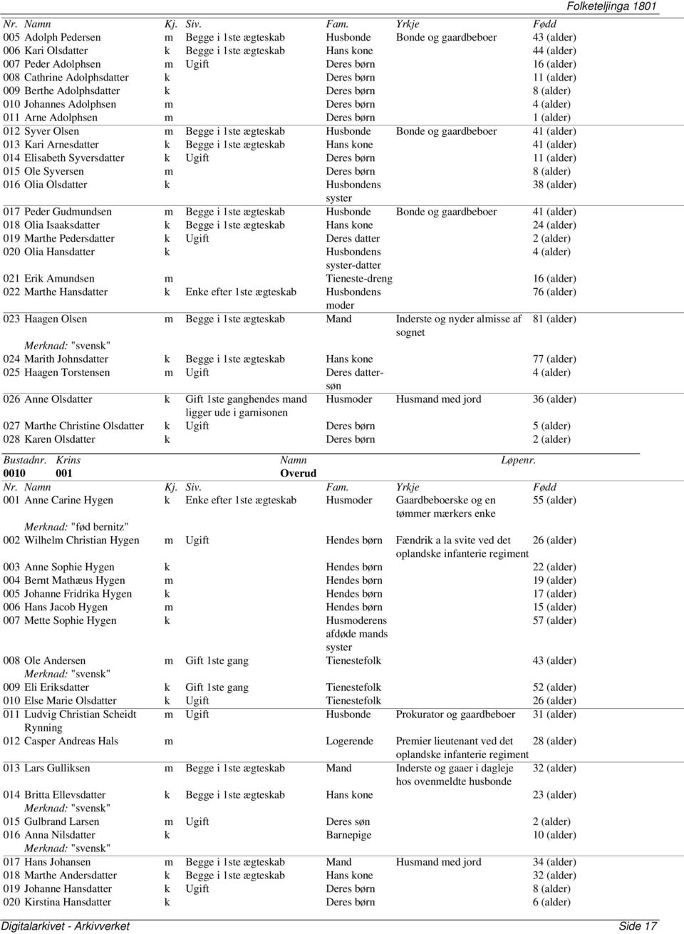 1ste Husbonde Bonde og gaardbeboer 41 (alder) 013 Kari Arnesdatter k Begge i 1ste Hans kone 41 (alder) 014 Elisabeth Syversdatter k Ugift Deres børn 11 (alder) 015 Ole Syversen m Deres børn 8 (alder)