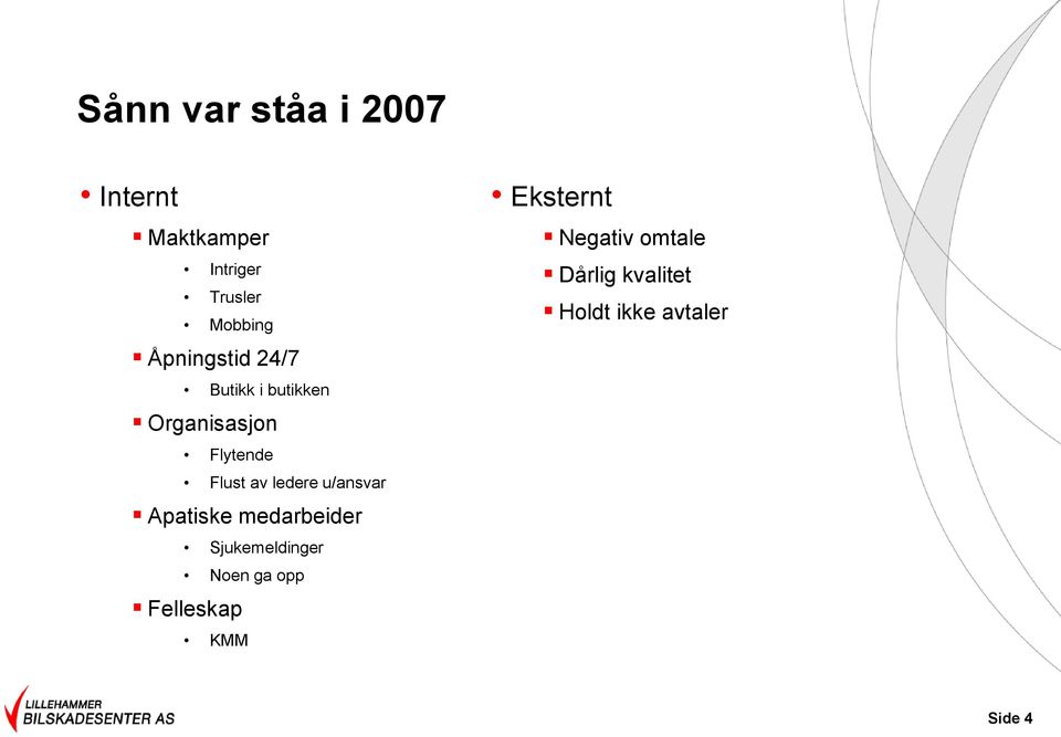 ledere u/ansvar Apatiske medarbeider Sjukemeldinger Noen ga opp