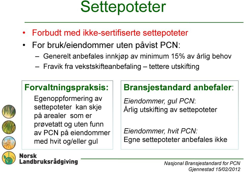 av settepoteter kan skje på arealer som er prøvetatt og uten funn av PCN på eiendommer med hvit og/eller gul