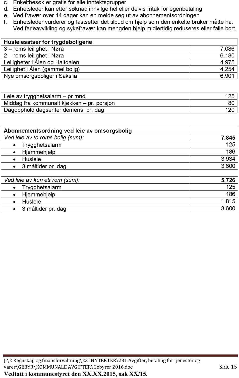 Ved ferieavvikling og sykefravær kan mengden hjelp midlertidig reduseres eller falle bort. Husleiesatser for trygdeboligene 3 roms leilighet i Nøra 7.086 2 roms leilighet i Nøra 6.