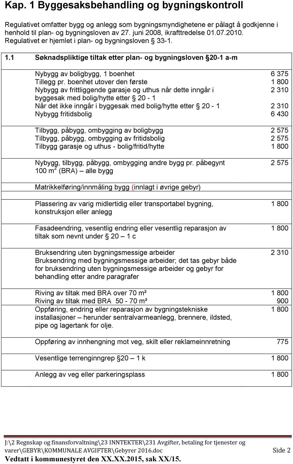 1 Søknadspliktige tiltak etter plan- og bygningsloven 20-1 a-m Nybygg av boligbygg, 1 boenhet 6 375 Tillegg pr.