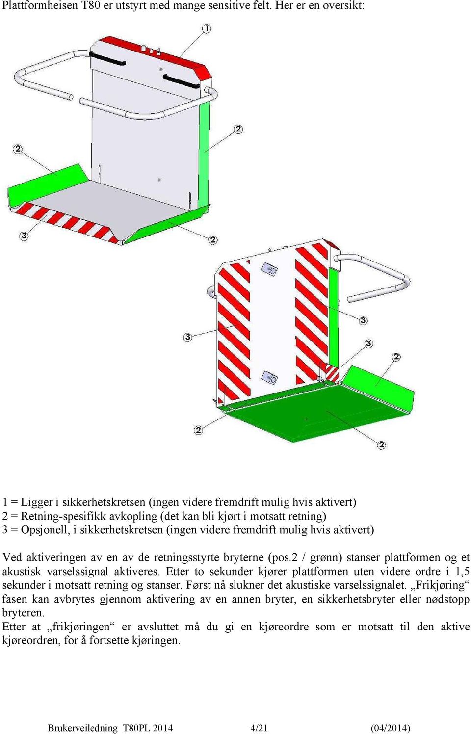 sikkerhetskretsen (ingen videre fremdrift mulig hvis aktivert) Ved aktiveringen av en av de retningsstyrte bryterne (pos.2 / grønn) stanser plattformen og et akustisk varselssignal aktiveres.