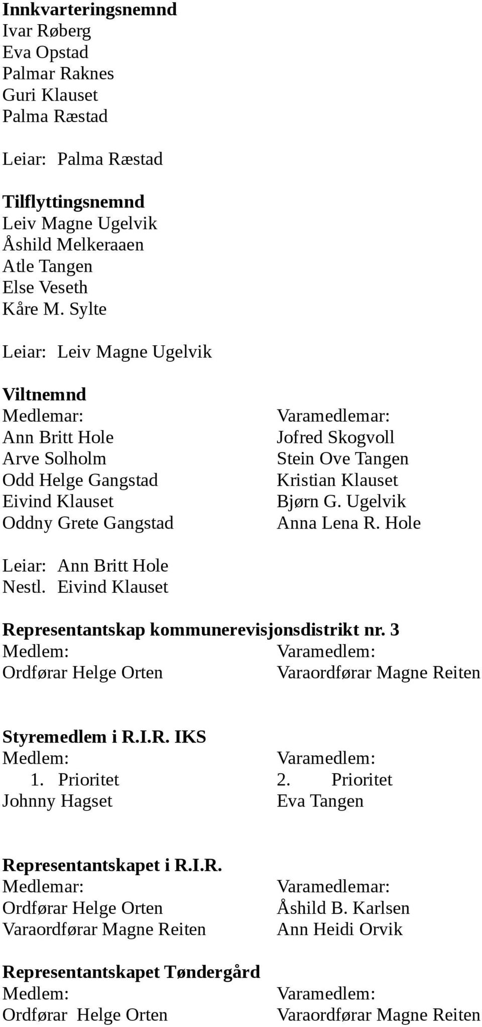Bjørn G. Ugelvik Anna Lena R. Hole Leiar: Ann Britt Hole Nestl. Eivind Klauset Representantskap kommunerevisjonsdistrikt nr.