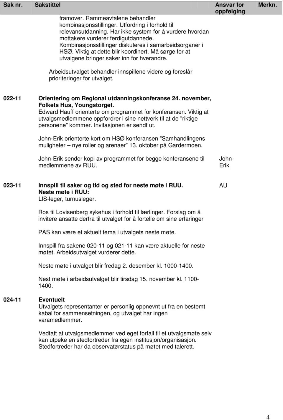 Arbeidsutvalget behandler innspillene videre og foreslår prioriteringer for utvalget. 022-11 Orientering om Regional utdanningskonferanse 24. november, Folkets Hus, Youngstorget.