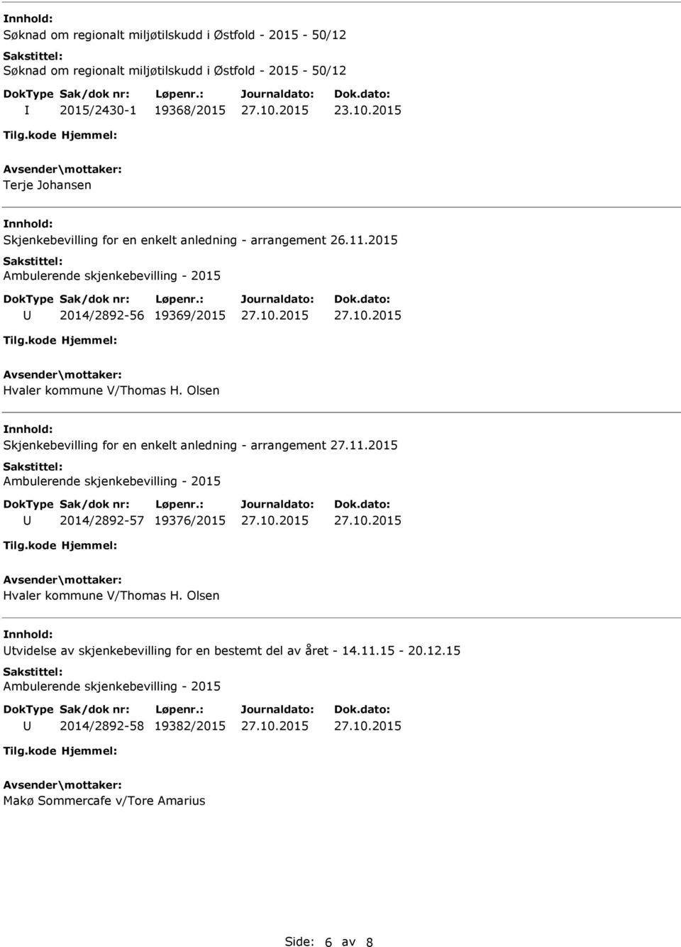 2015 Ambulerende skjenkebevilling - 2015 2014/2892-56 19369/2015 Hvaler kommune V/Thomas H. Olsen Skjenkebevilling for en enkelt anledning - arrangement 27.11.