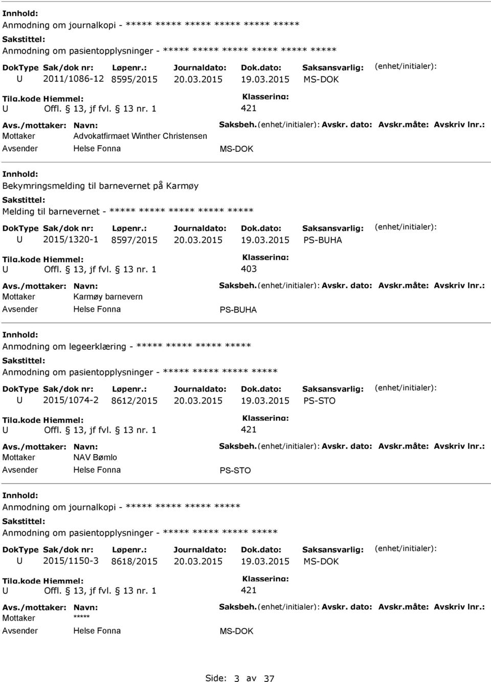 : Mottaker Advokatfirmaet Winther Christensen Bekymringsmelding til barnevernet på Karmøy Melding til barnevernet - ***** ***** ***** ***** ***** 2015/1320-1 8597/2015 S-BHA 403 Avs.