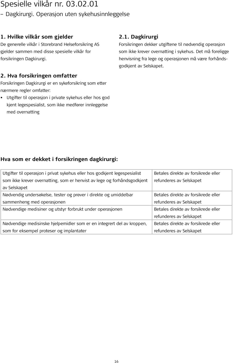 Dagkirurgi Forsikringen dekker utgiftene til nødvendig operasjon som ikke krever overnatting i sykehus. Det må foreligge henvisning fra lege og operasjonen må være forhåndsgodkjent av Selskapet. 2.