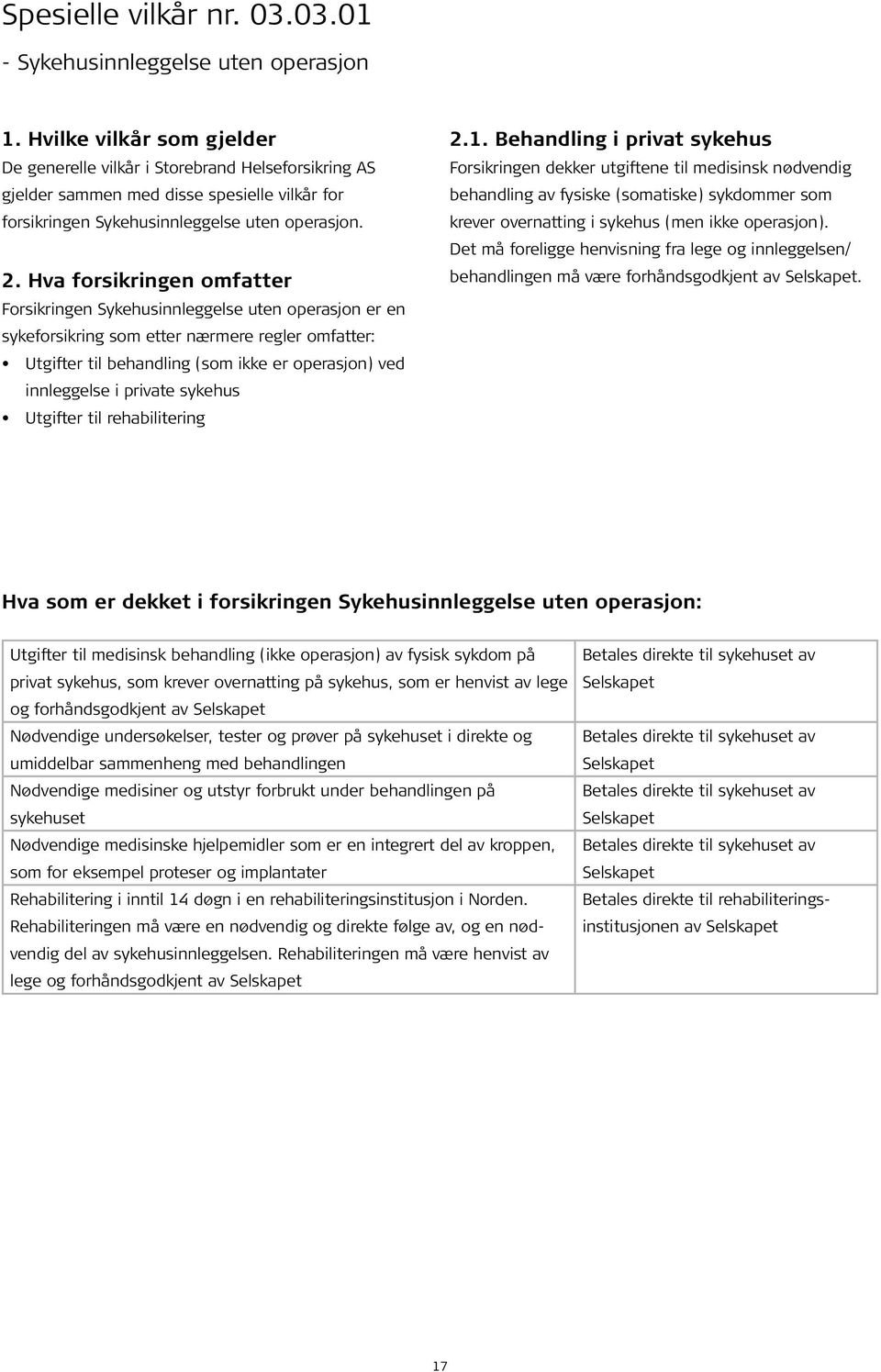 Hva forsikringen omfatter Forsikringen Sykehusinnleggelse uten operasjon er en sykeforsikring som etter nærmere regler omfatter: Utgifter til behandling (som ikke er operasjon) ved innleggelse i