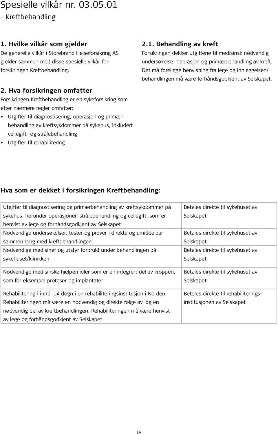 Behandling av kreft Forsikringen dekker utgiftene til medisinsk nødvendig undersøkelse, operasjon og primærbehandling av kreft.