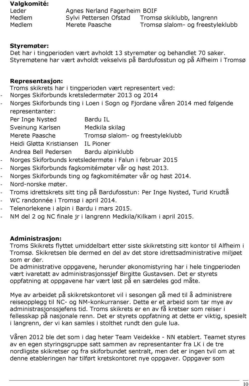 Styremøtene har vært avholdt vekselvis på Bardufosstun og på Alfheim i Tromsø Representasjon: Troms skikrets har i tingperioden vært representert ved: - Norges Skiforbunds kretsledermøter 2013 og