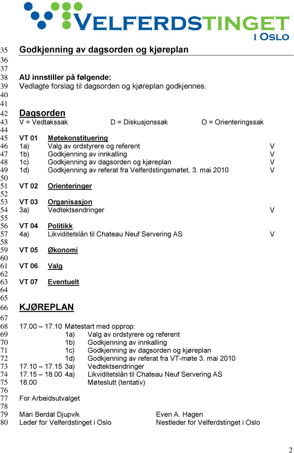 Dagsorden V = Vedtakssak D = Diskusjonssak O = Orienteringssak VT 01 Møtekonstituering 1a) Valg av ordstyrere og referent V 1b) Godkjenning av innkalling V 1c) Godkjenning av dagsorden og kjøreplan V