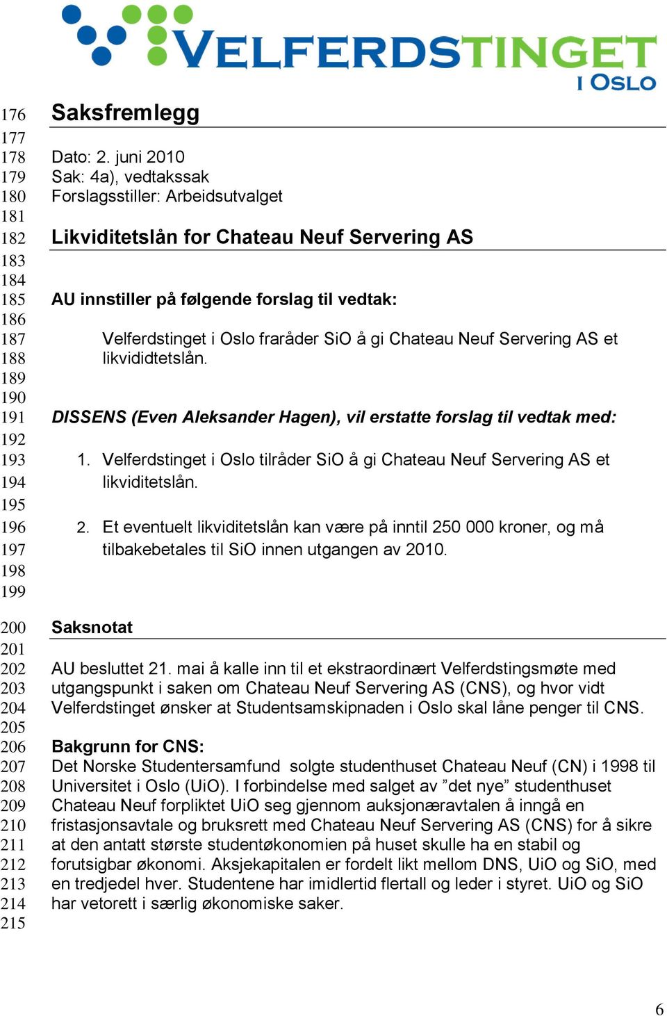 Chateau Neuf Servering AS et likvididtetslån. DISSENS (Even Aleksander Hagen), vil erstatte forslag til vedtak med: 1.