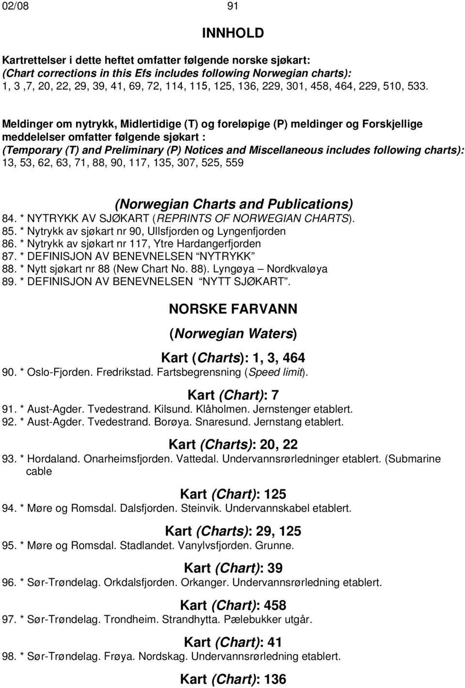 Meldinger om nytrykk, Midlertidige (T) og foreløpige (P) meldinger og Forskjellige meddelelser omfatter følgende sjøkart : (Temporary (T) and Preliminary (P) Notices and Miscellaneous includes