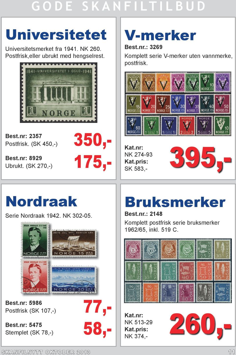 (SK 270,-) 175,- 395,- NK 274-93 SK 583,- Nordraak Serie Nordraak 1942. NK 302-05. Bruksmerker Best.nr.