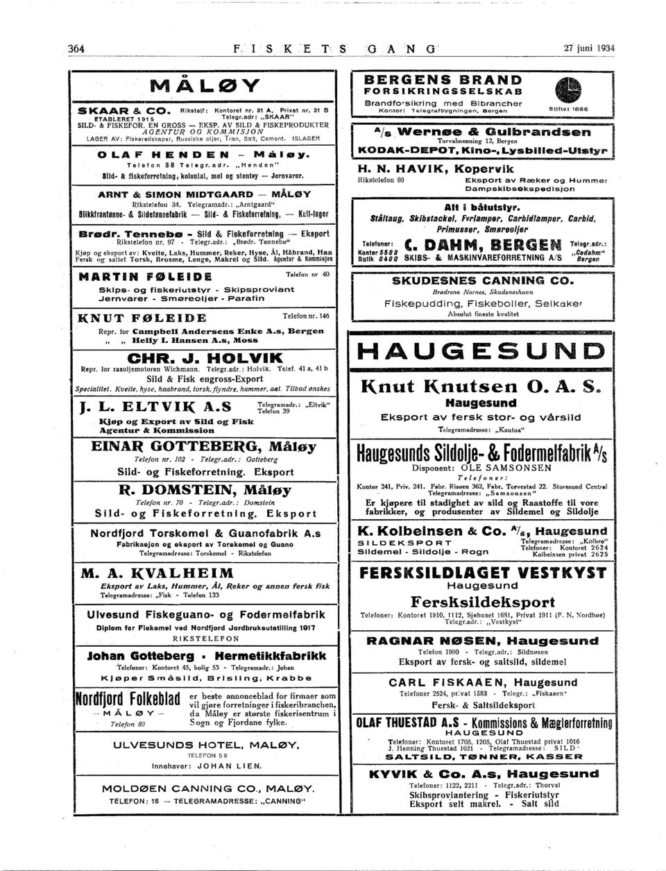 KODAKDEPOT, Kino, LysbilledUtstyr Telefon 88 Telegr.adr. Hen den H. N. HAVK, Kopervik Sild & fiskeforretning, kolonial, mel og stentøy Jernvarer. SLD & FSKEFOR. EN GROSS EKSP.