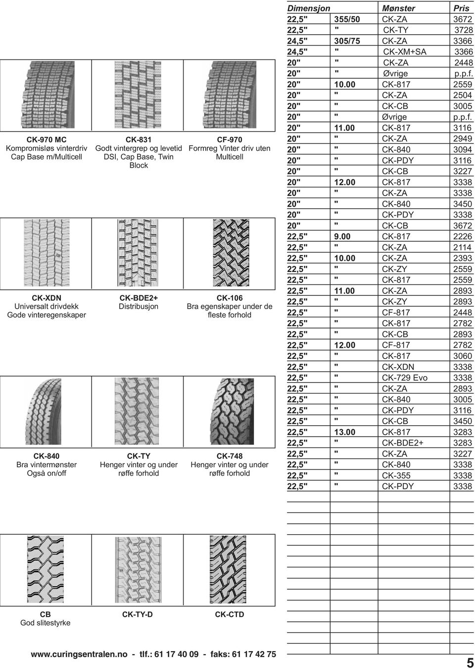 forhold Dimensjon Mønster Pris 22,5 355/50 CK-ZA 3672 CK-TY 3728 24,5 305/75 CK-ZA 3366 24,5 CK-XM+SA 3366 20 CK-ZA 2448 20 Øvrige p.p.f. 20 10.00 2559 20 CK-ZA 2504 20 CK-CB 3005 20 Øvrige p.p.f. 20 11.