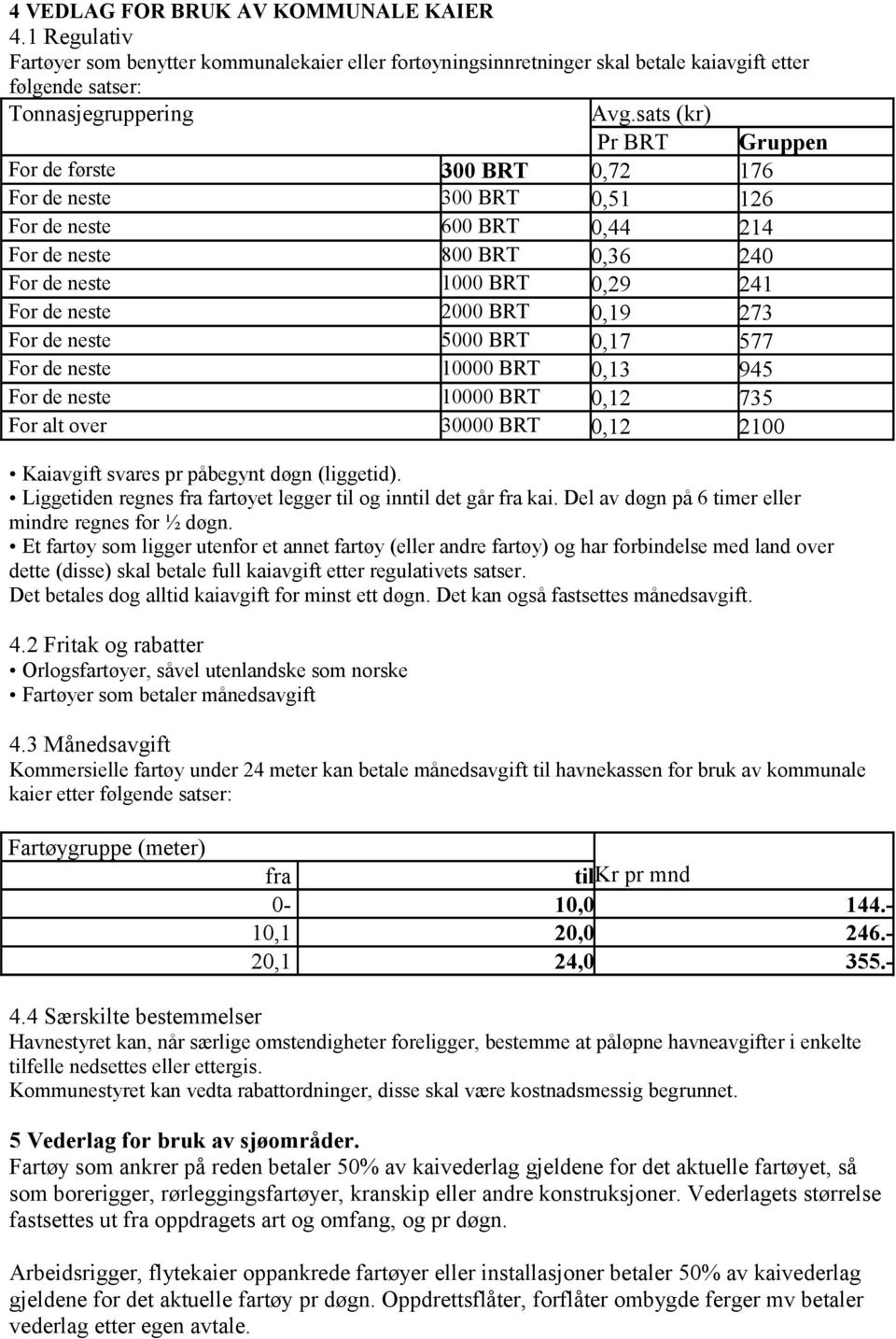 0,19 273 For de neste 5000 BRT 0,17 577 For de neste 10000 BRT 0,13 945 For de neste 10000 BRT 0,12 735 For alt over 30000 BRT 0,12 2100 Kaiavgift svares pr påbegynt døgn (liggetid).