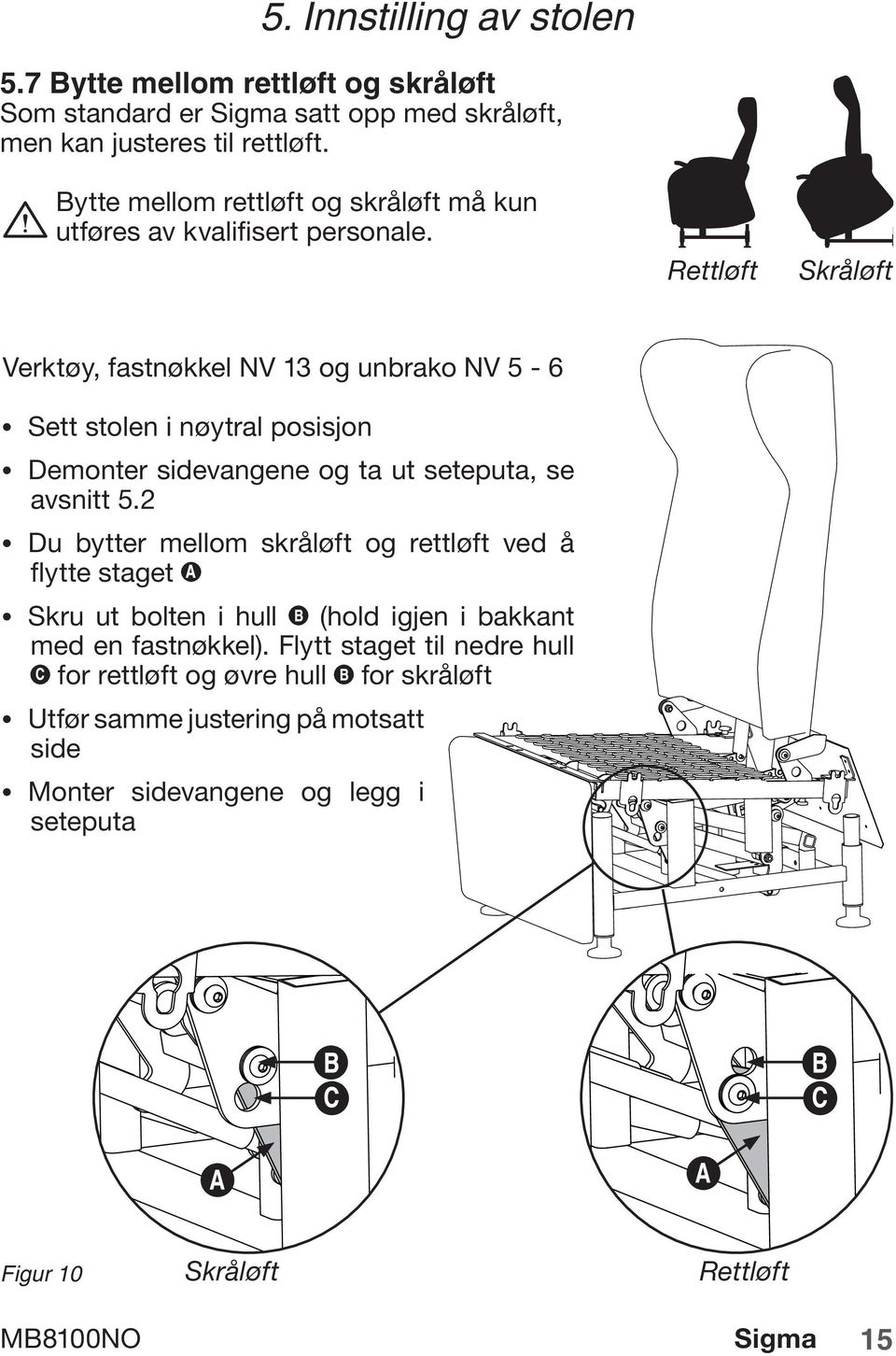 Rettløft Skråløft Verktøy, fastnøkkel NV 13 og unbrako NV 5-6 Sett stolen i nøytral posisjon Demonter sidevangene og ta ut seteputa, se avsnitt 5.