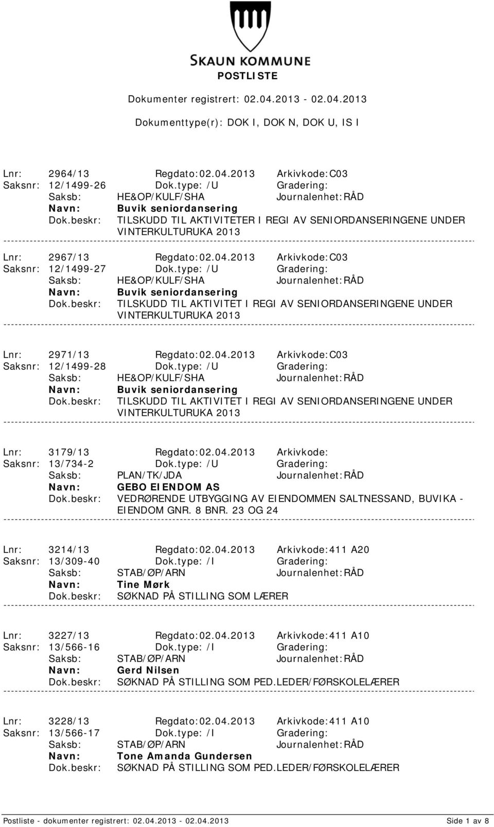 type: /U Gradering: Buvik seniordansering TILSKUDD TIL AKTIVITET I REGI AV SENIORDANSERINGENE UNDER VINTERKULTURUKA 2013 Lnr: 2971/13 Regdato:02.04.2013 Arkivkode:C03 Saksnr: 12/1499-28 Dok.