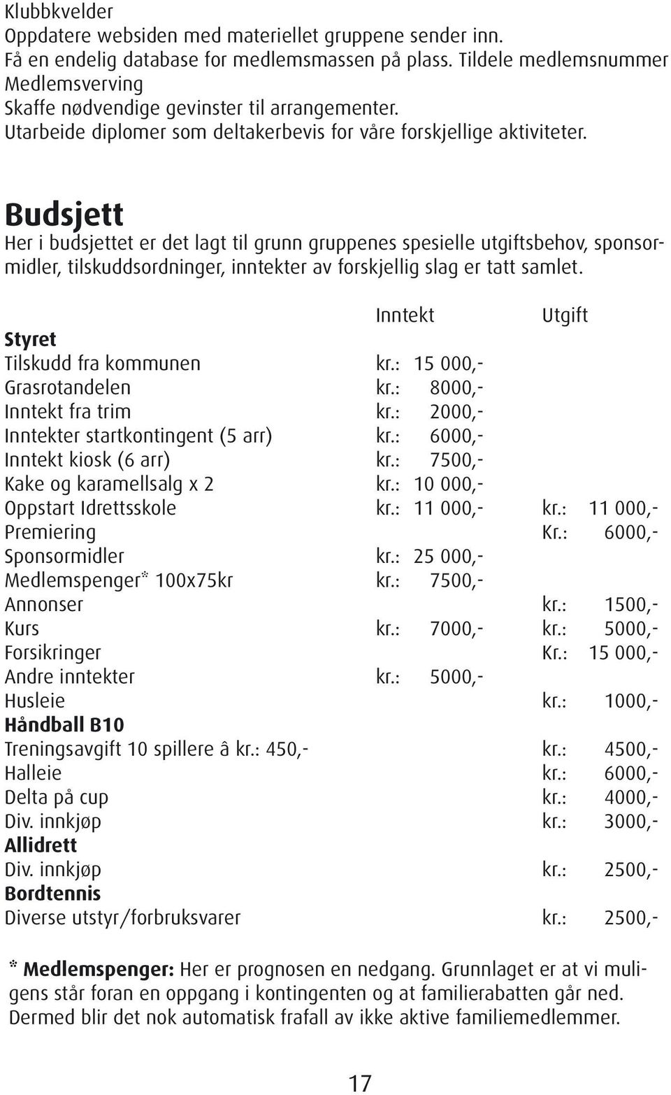 Budsjett Her i budsjettet er det lagt til grunn gruppenes spesielle utgiftsbehov, sponsormidler, tilskuddsordninger, inntekter av forskjellig slag er tatt samlet.