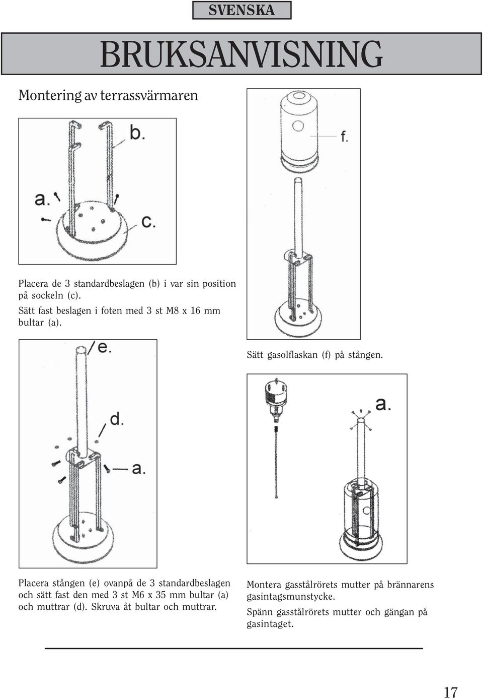 Placera stången (e) ovanpå de 3 standardbeslagen och sätt fast den med 3 st M6 x 35 mm bultar (a) och muttrar (d).