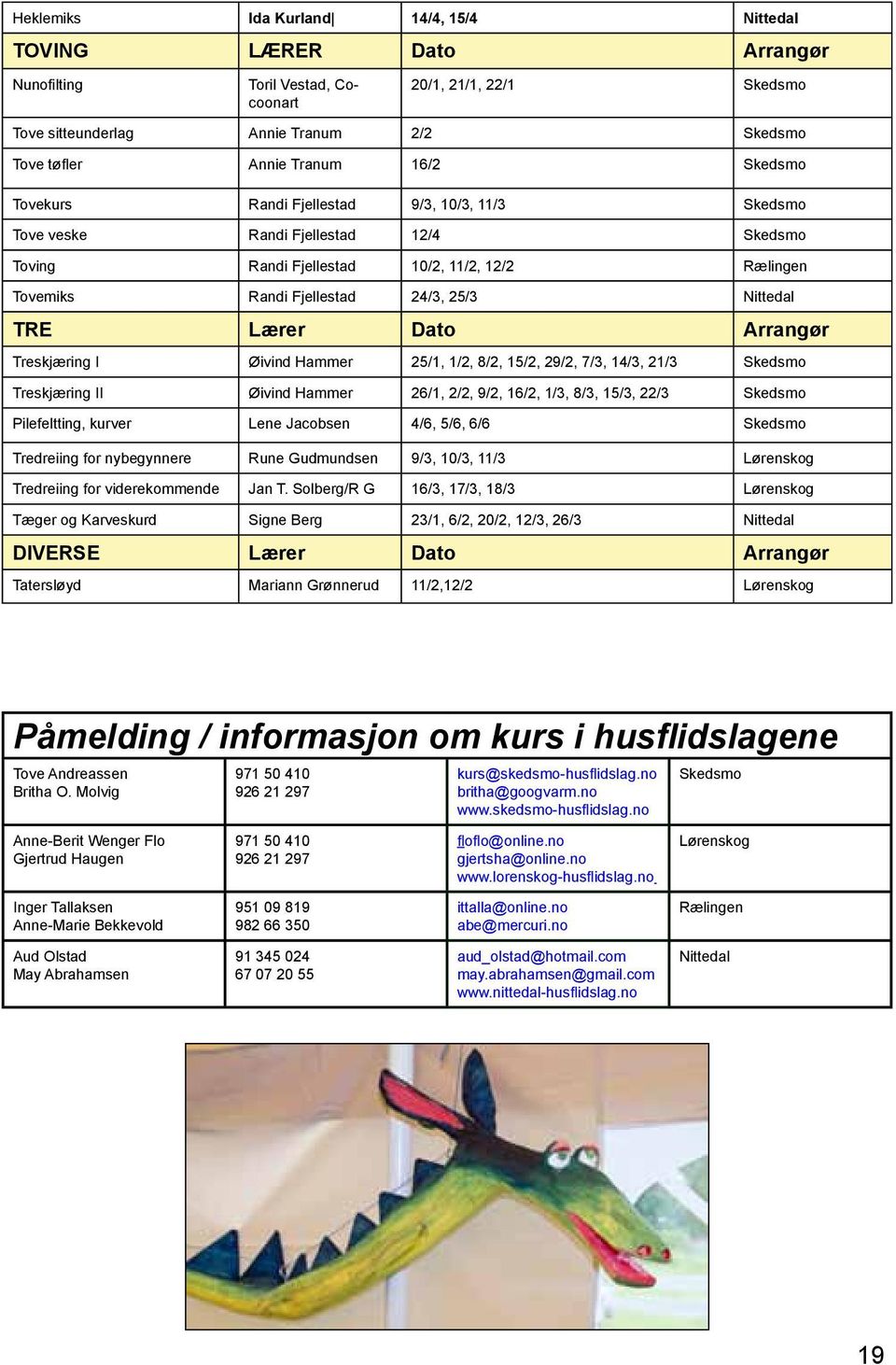 TRE Lærer Dato Arrangør Treskjæring I Øivind Hammer 25/1, 1/2, 8/2, 15/2, 29/2, 7/3, 14/3, 21/3 Skedsmo Treskjæring II Øivind Hammer 26/1, 2/2, 9/2, 16/2, 1/3, 8/3, 15/3, 22/3 Skedsmo Pilefeltting,