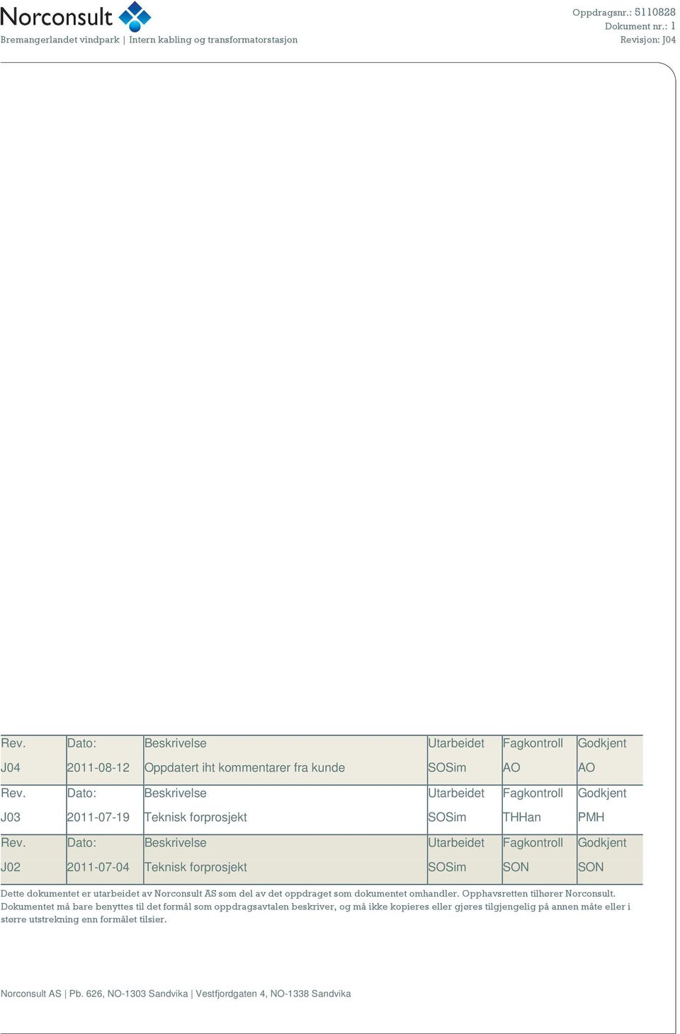 Dato: Beskrivelse Utarbeidet Fagkontroll Godkjent J02 2011-07-04 Teknisk forprosjekt SOSim SON SON Dette dokumentet er utarbeidet av Norconsult AS som del av det oppdraget som